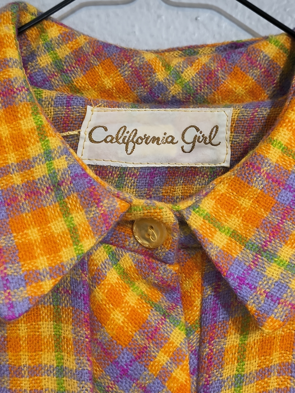 Vintage California Girl Plaid Shirt Dress M/L Orange Purple 60s 70s - Picture 2 of 10